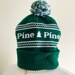 Pine Logo Pom-Pom Beanie in Forest Green and White